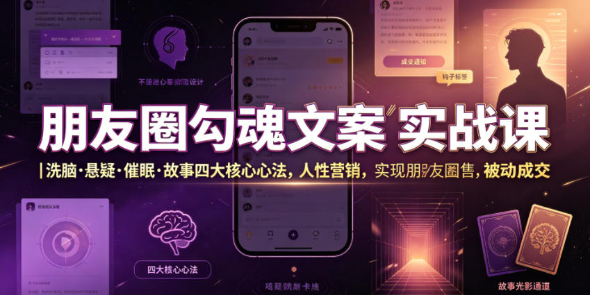 朋友圈勾魂文案实战课｜洗脑·悬疑·催眠·故事四大核心心法，吃透人性营销，实现朋友圈不销而售被动成交-二当家网创资源站
