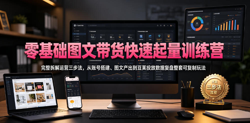 零基础图文带货快速起量训练营，完整拆解运营三步法，从账号搭建、图文产出到豆荚投放数据复盘整套可复制玩法-二当家网创资源站