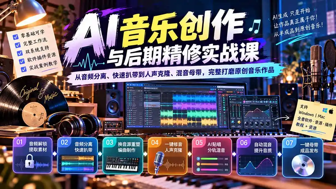 AI音乐创作与后期精修实战课:从音频分离、快速扒带到人声克隆、混音母带,完整打磨原创音乐作品-二当家网创资源站