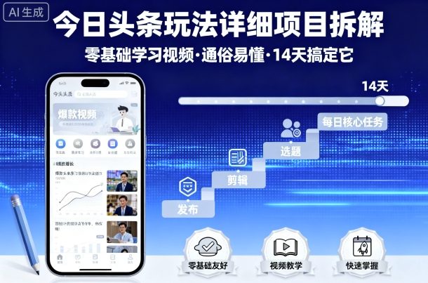 今日头条玩法详细项目拆解，零基础学习视频 通俗易懂 14天搞定它-二当家网创资源站