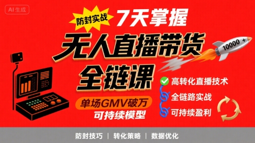 无人直播带货全链防封实战课，7天掌握高转化直播技术，实现单场GMV破万可持续模型-二当家网创资源站