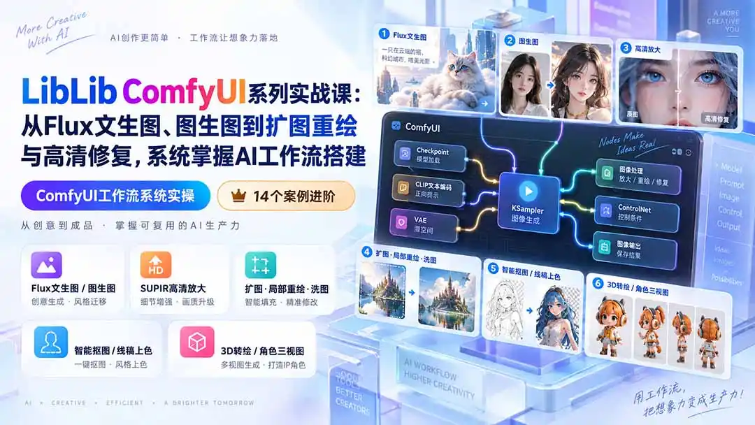LibLib ComfyUI系列实战课：从Flux文生图、图生图到扩图重绘与高清修复，系统掌握AI工作流搭建-二当家网创资源站