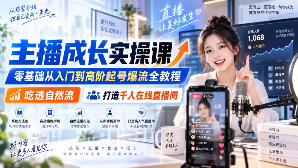 主播成长实操课|零基础从入门到高阶起号爆流全教程,吃透自然流,打造千人在线直播间-二当家网创资源站
