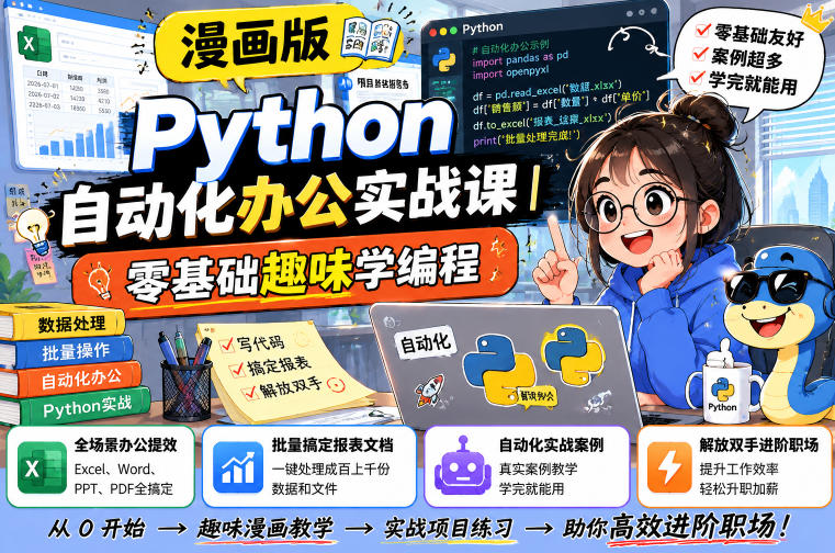 漫画版Python自动化办公实战课|零基础趣味学编程,全场景办公提效、批量搞定报表文档、解放双手进阶职场-二当家网创资源站