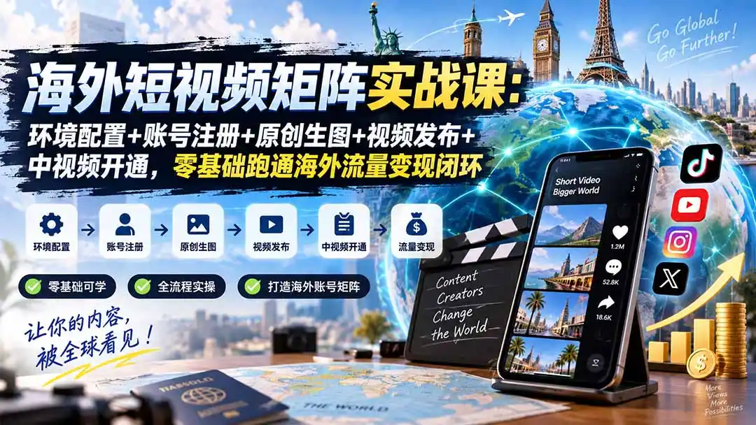 海外短视频矩阵实战课:环境配置+账号注册+原创生图+视频发布+中视频开通,零基础跑通海外流量变现闭环-二当家网创资源站
