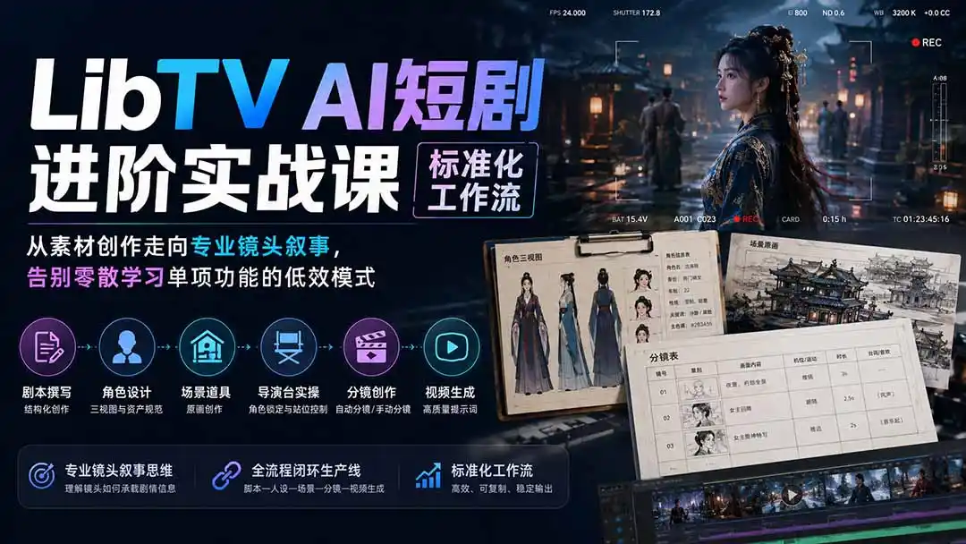 LibTV AI短剧进阶实操课标准化工作流;从素材创作走向专业镜头叙事,告别零散学习单项功能的低效模式-二当家网创资源站