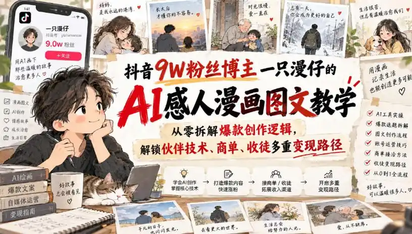 抖音9W粉丝博主一只漫仔的AI感人漫画图文教学,从零拆解爆款创作逻辑,解锁伙伴技术、商单、收徒多重变现路径-二当家网创资源站