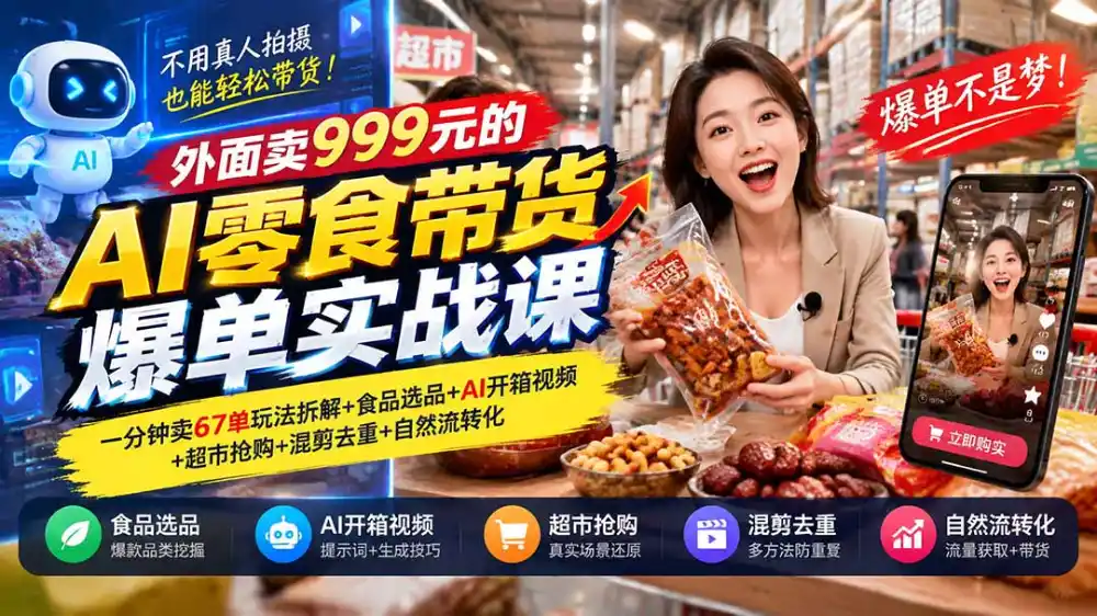 外面卖999元的AI零食带货爆单实战课｜一分钟卖67单玩法拆解+食品选品+AI开箱视频+超市抢购+混剪去重+自然流转化-二当家网创资源站