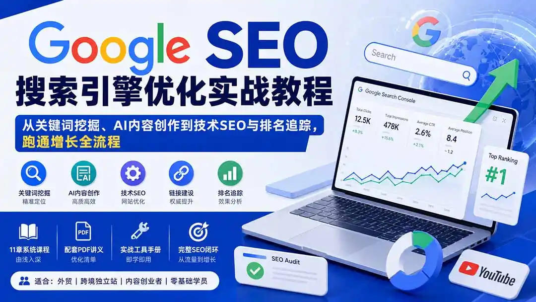 Google SEO搜索引擎优化实战教程:从关键词挖掘、AI内容创作到技术SEO与排名追踪,跑通增长全流程-二当家网创资源站
