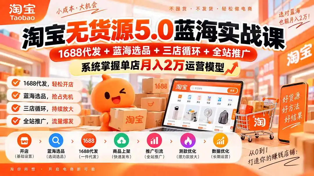 淘宝无货源5.0蓝海实战课-更新0927:1688代发+蓝海选品+三店循环+全站推广,系统掌握单店月入2万运营模型-二当家网创资源站