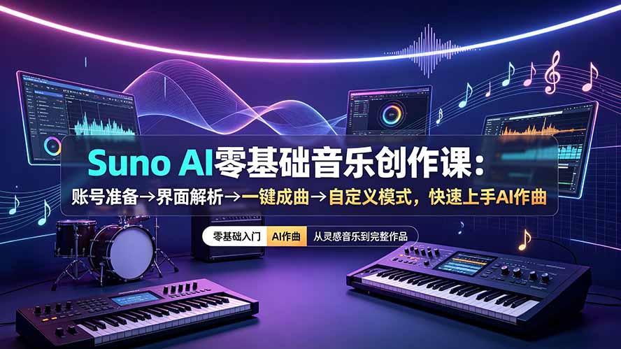 Suno AI零基础音乐创作课：账号准备→界面解析→一键成曲→自定义模式，快速上手AI作曲-二当家网创资源站