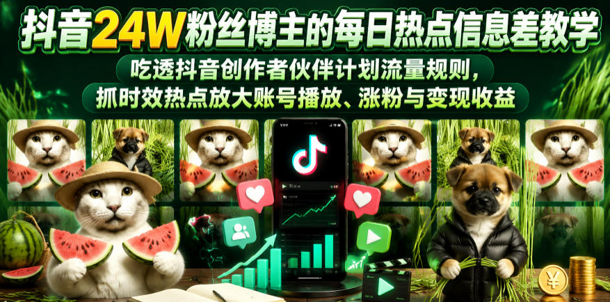 抖音24W粉丝博主的每日热点信息差教学，吃透创作者伙伴计划流量规则，抓时效热点放大账号播放、涨粉与变现收益-二当家网创资源站